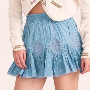 LoveShackFancy Adia Ruffle Mini Skirt in Blue Polka Dot XS